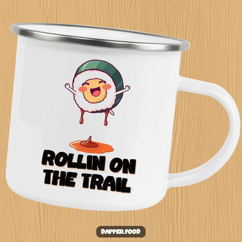 Funny sushi camping mug featuring a happy sushi roll doing a cartwheel with soy sauce drips, ready for outdoor fun.