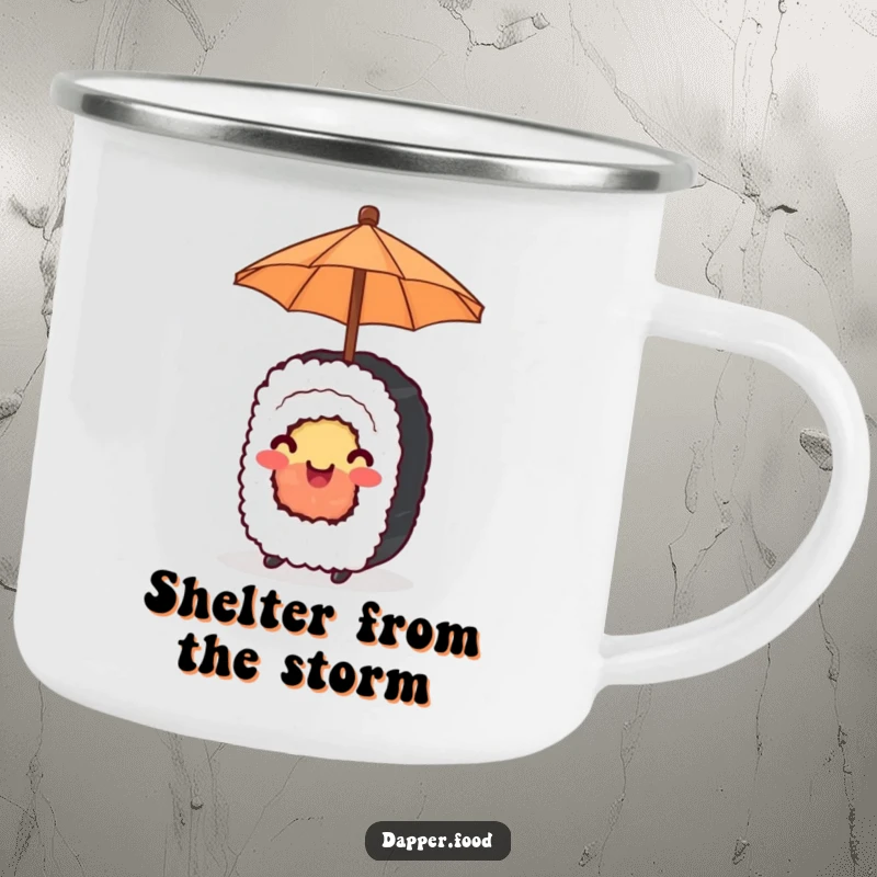 Funny Camping Mug with a happy sushi roll holding a tiny umbrella, bringing cheerful vibes to the outdoors.