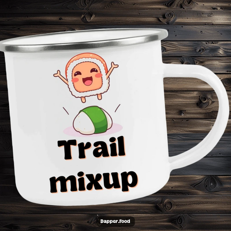 Funny camping mug illustrating a smiling sushi slice leaping over a rogue wasabi dollop, combining outdoor spirit and humor.