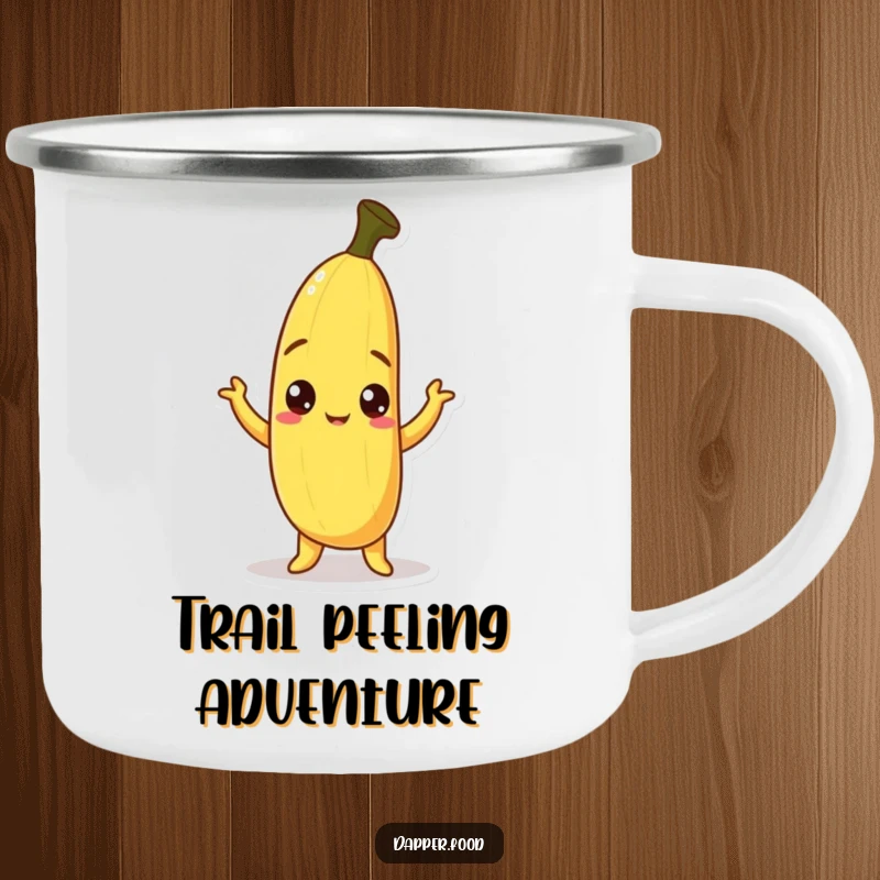 Funny Banana Camping Mug with a curious banana character, peel askew, striking a humorous pose, built for outdoor adventures and smiles.