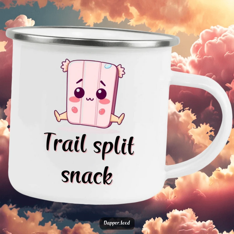 Funny Camping Mug: An anthropomorphic candy bar character attempts a surprise split, looking amazed, designed for durability and outdoor fun.