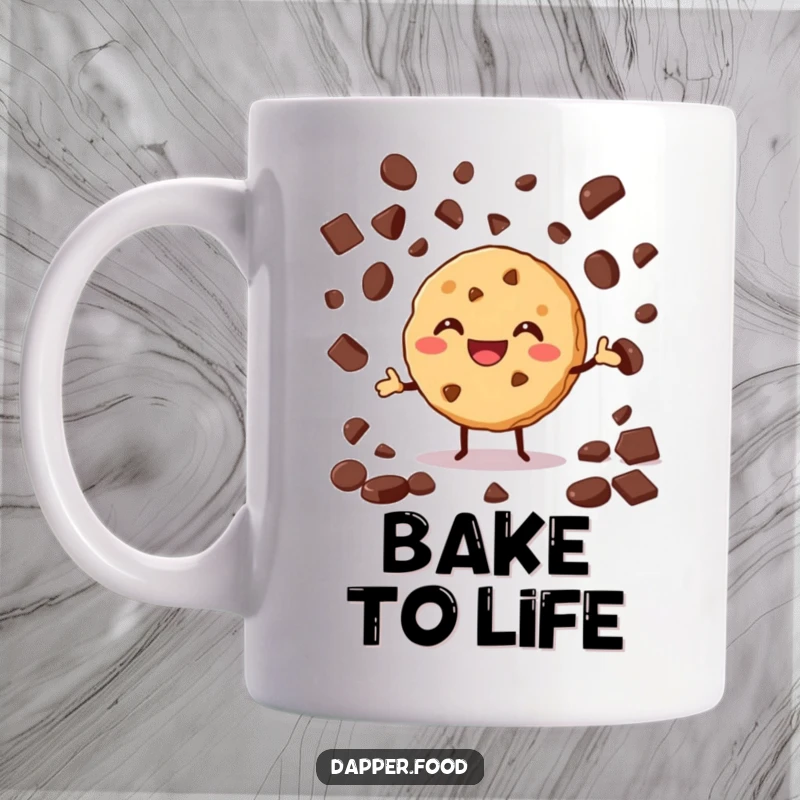 Funny cookie mug showing a grinning cookie enthusiastically juggling multiple chocolate chips with impressive skill and joy.