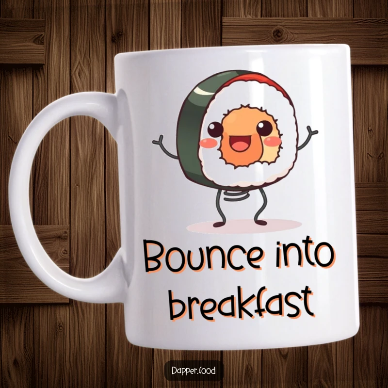 Funny mug featuring a smiling sushi roll happily bouncing on tiny spring legs, radiating pure, unadulterated joy.