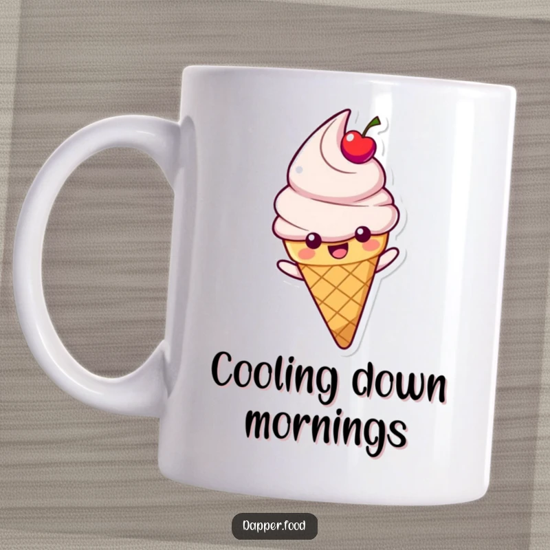Funny mug showing a happy ice cream cone character with a cherry topping gleefully sliding, a sweet and humorous gift.
