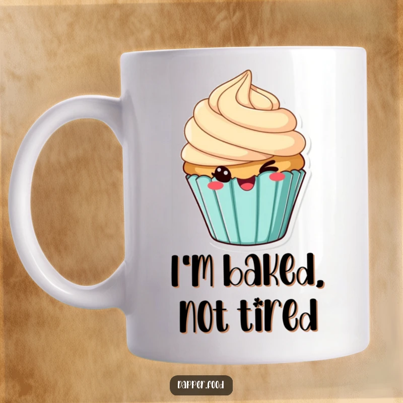 Funny cupcake mug with tilted frosting, winking playfully, perfect for dessert lovers. A sweet and sassy treat.