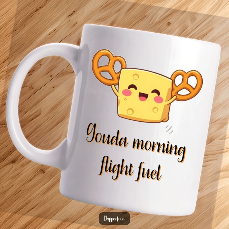 Funny cheese mug with pretzel wings, attempting to fly with pure delight and a goofy grin, ready for takeoff.