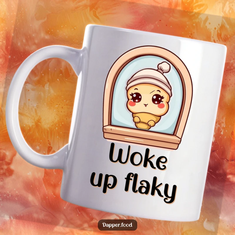 Funny mug showing a curious croissant character with eyes and a tiny hat, peeking playfully from a bakery window, full of buttery mischief.