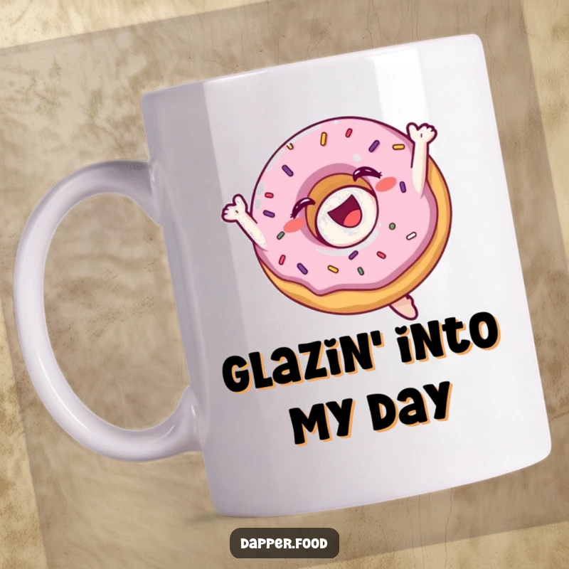 Funny mug depicting a delighted donut character with colorful sprinkles performing an energetic mid-air flip.