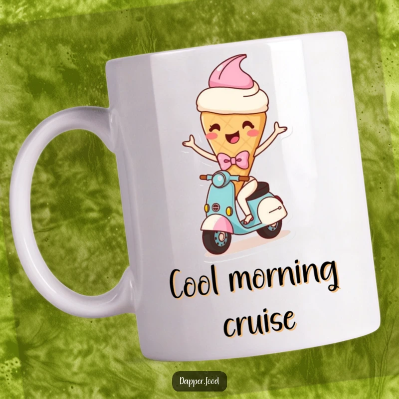 Funny mug depicting a happy ice cream cone character with arms, wearing a bow, comically riding a scooter, symbolizing fun and sweetness.