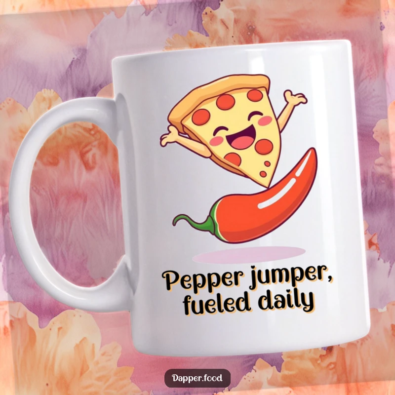 Funny mug showing a joyous pizza slice dramatically leaping over a red chili pepper, full of energy and humor.