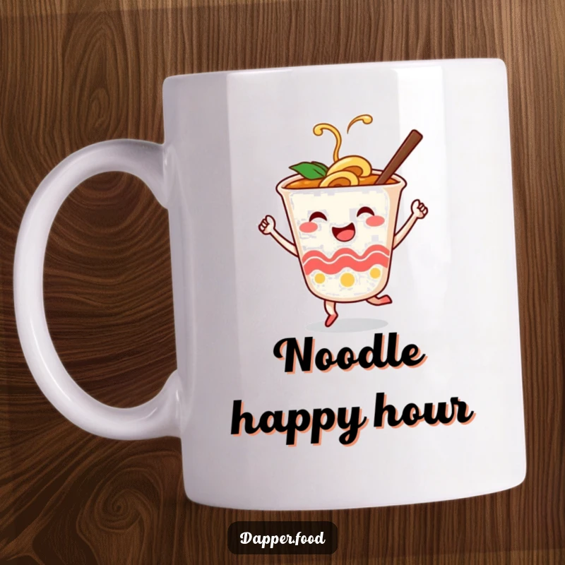 Funny mug featuring a smiling ramen cup character joyfully dancing with chopsticks as partners, celebrating noodle fun.