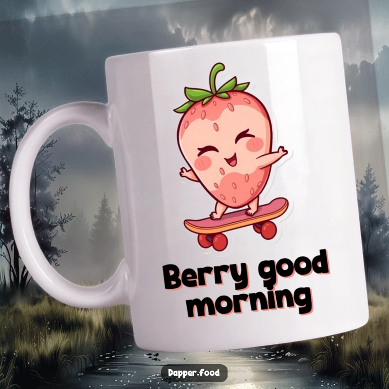 Funny strawberry mug featuring a winking strawberry character confidently riding a tiny skateboard, exuding cool vibes.