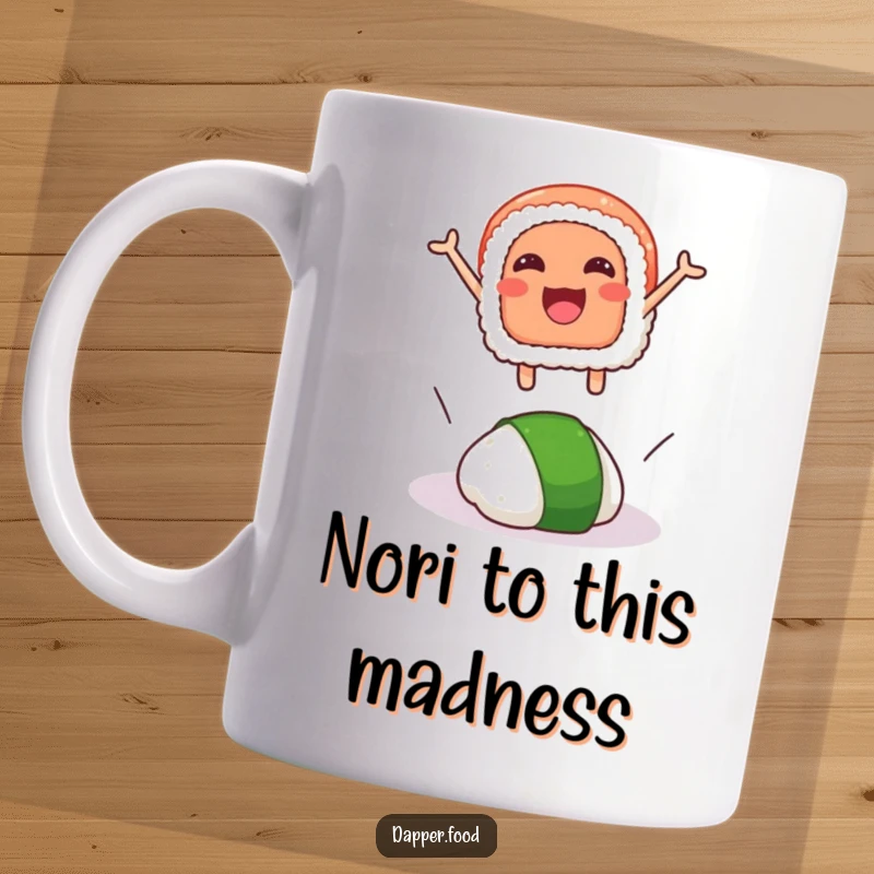 Funny sushi mug with a smiling sushi slice joyfully leaping over a rogue wasabi dollop in a dynamic, humorous pose.