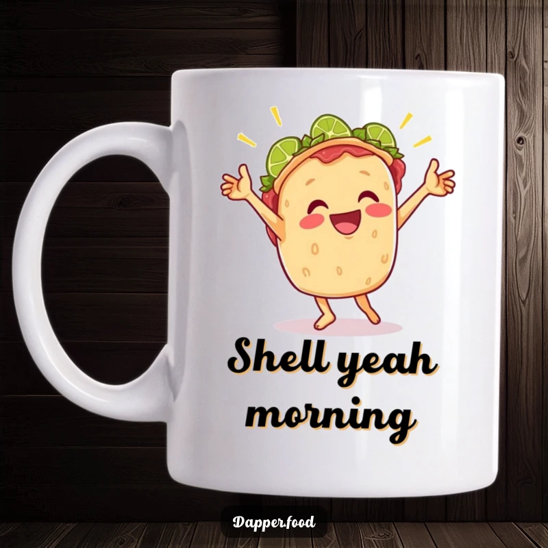 Funny taco mug showing a cheerful taco enthusiastically doing a victory dance complete with lime wedges, full of zest.