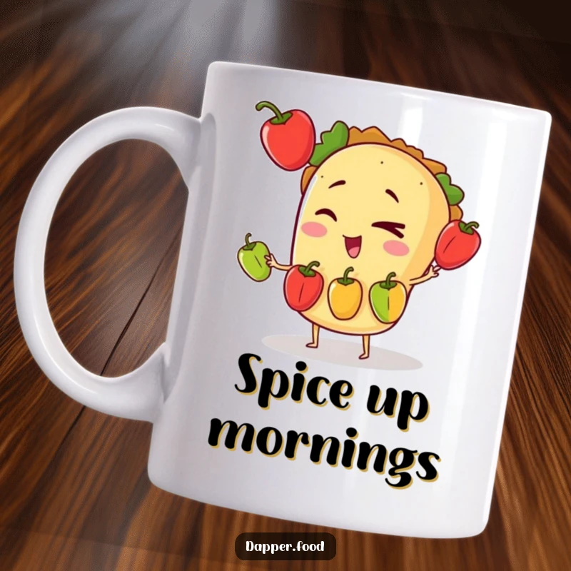 Funny mug featuring a winking taco character skillfully juggling three colorful tiny bell peppers with a confident, playful expression.