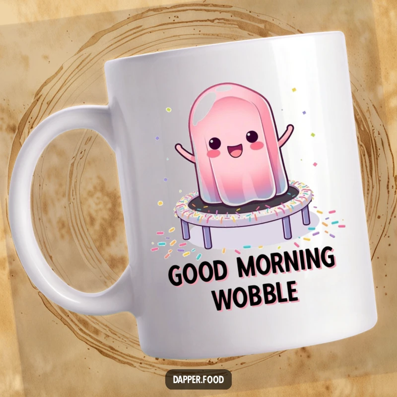 Funny jelly mug showing a wobbly piece of jelly happily bouncing high on a colorful trampoline made entirely of sprinkles.