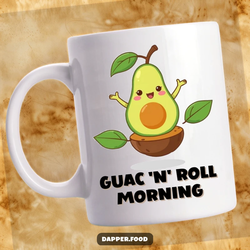 Funny avocado mug showing a happy avocado performing a flamboyant pirouette on its central pit with grace and joy.