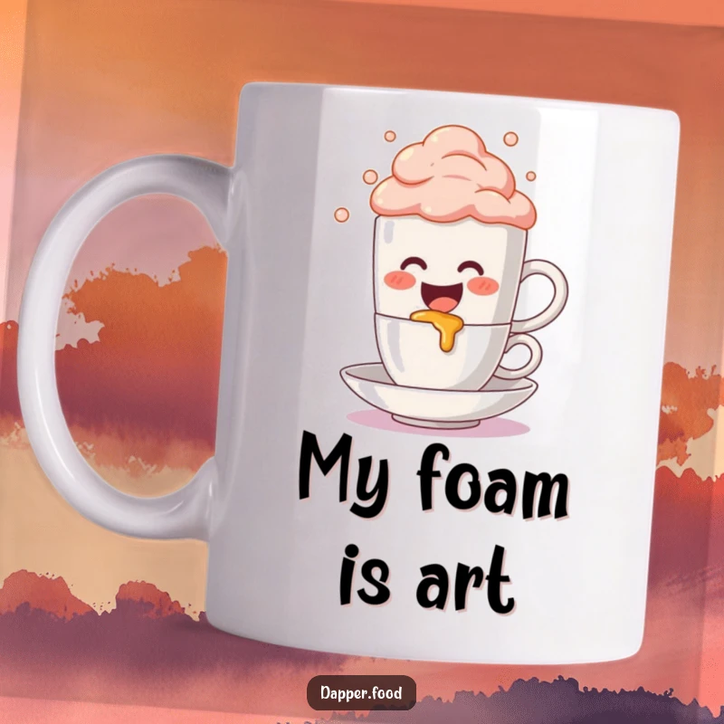 Funny Mug: A cute anthropomorphic coffee mug character gleefully spills colorful, bubbly foam onto a tiny saucer, a joyful and messy design.