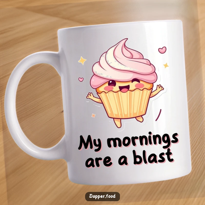 Funny Mug: Cheerful anthropomorphic cupcake character joyfully bouncing with frosting flying, a hilarious and energetic design for lovers of sweets.