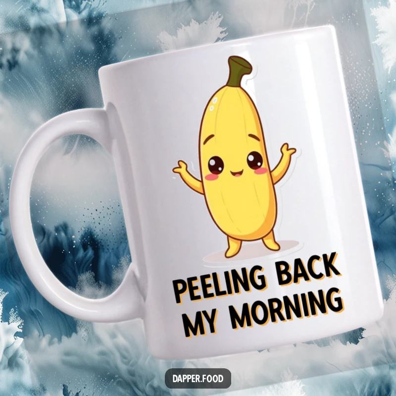 Funny Banana Mug featuring a curious banana character with its peel playfully askew, striking a humorous pose for a delightful morning brew.