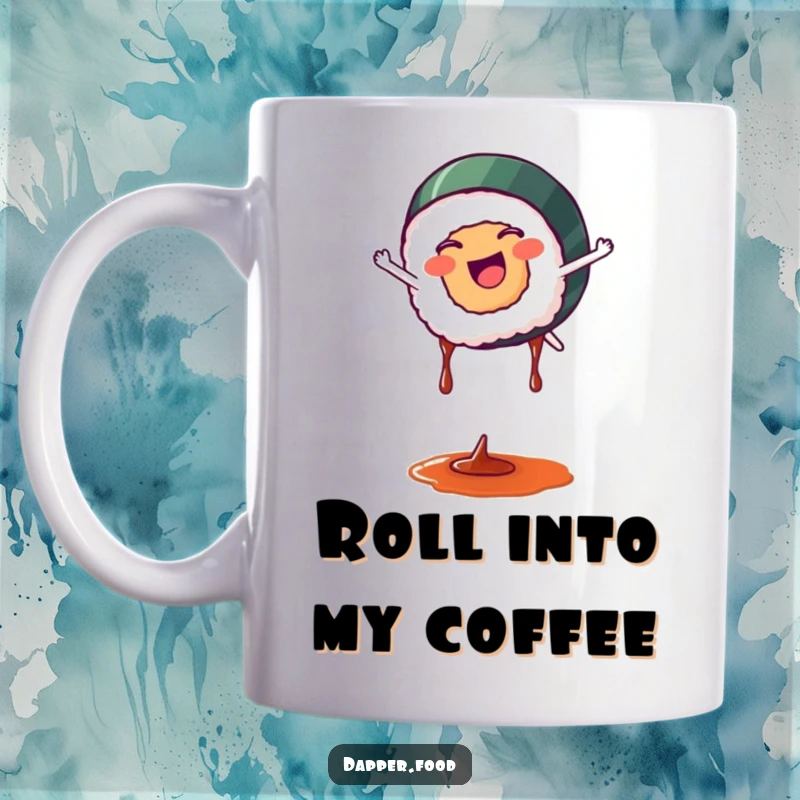 Funny sushi mug featuring a happy piece of sushi doing a dynamic cartwheel with soy sauce drips, full of vibrant energy.