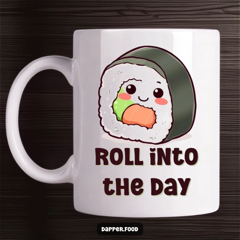 Funny Sushi Roll Mug: A cheerful sushi piece with a smiling face and rolling body, bringing joy to your day.