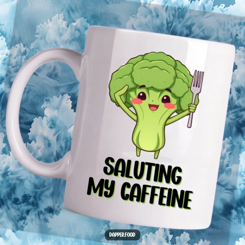 Funny mug showing a proud broccoli floret character with arms, saluting smartly with a tiny fork, promoting healthy eating with humor.