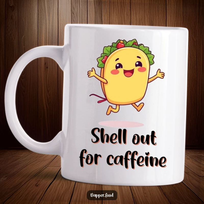 Funny taco mug featuring a smiling taco character energetically jumping rope with its own shell, embodying pure joy.