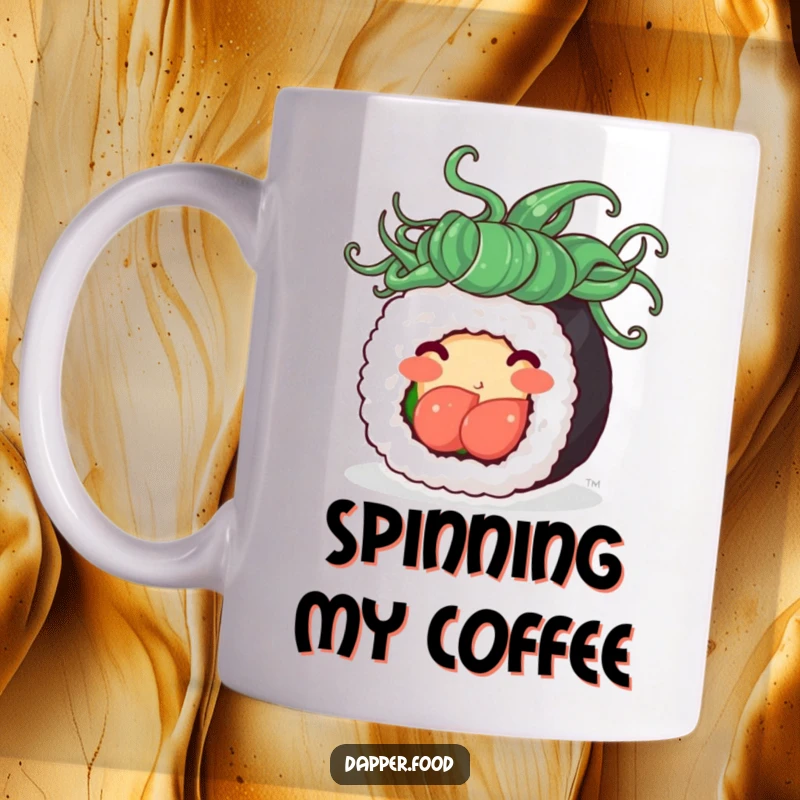 Funny mug showing a cute sushi roll with flowing seaweed hair, happily spinning with delight, representing pure joy and sushi love.