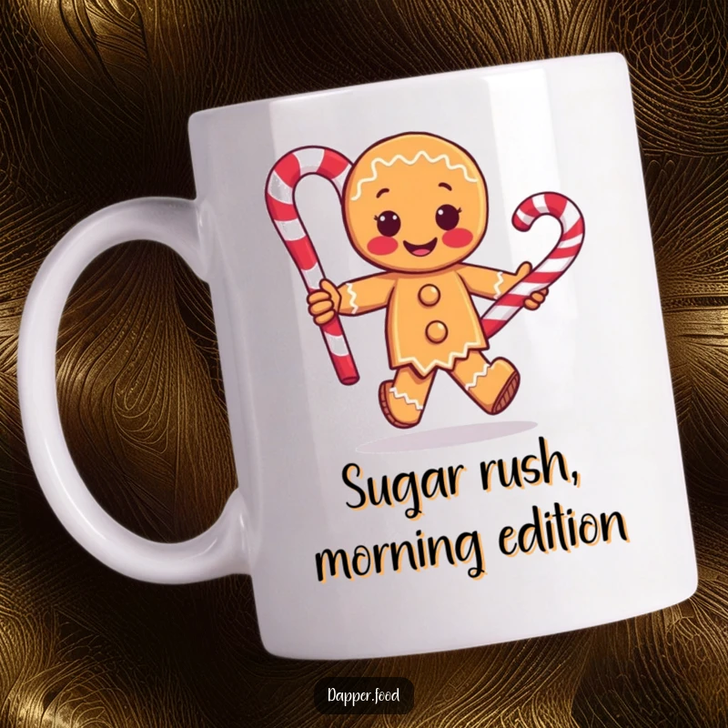 Funny mug featuring a joyful gingerbread man character running with a huge candy cane, embodying sweet holiday fun and a playful spirit.