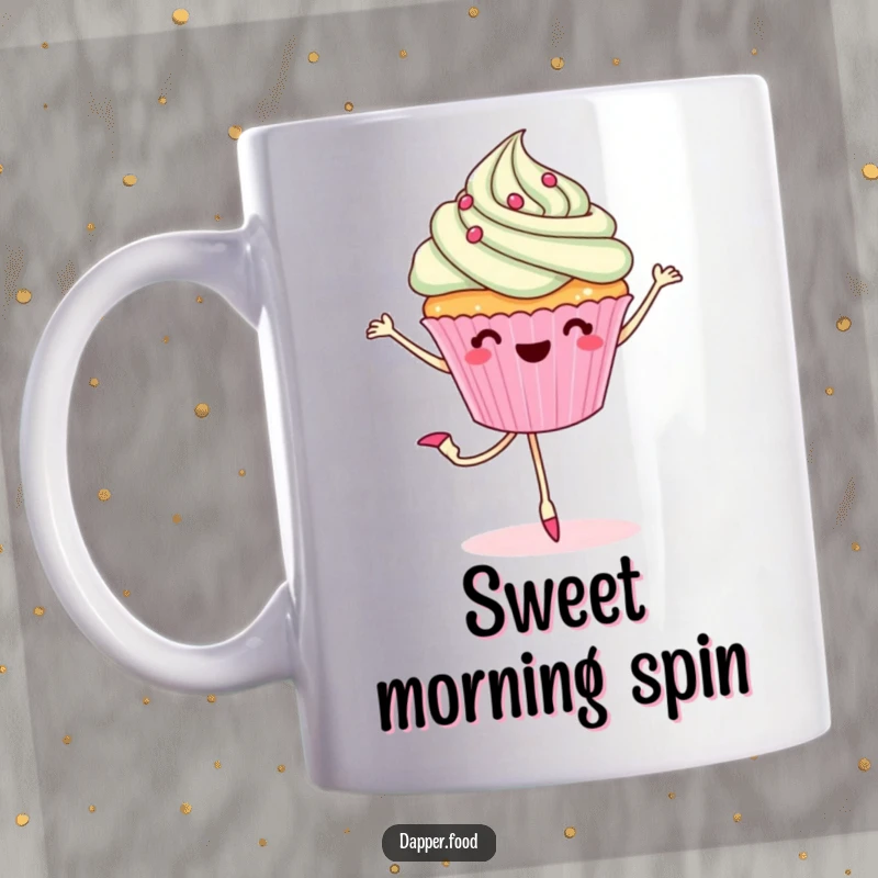 Funny mug art of a cheerful cupcake with legs gracefully performing a ballet pirouette, showcasing dessert delight and movement.