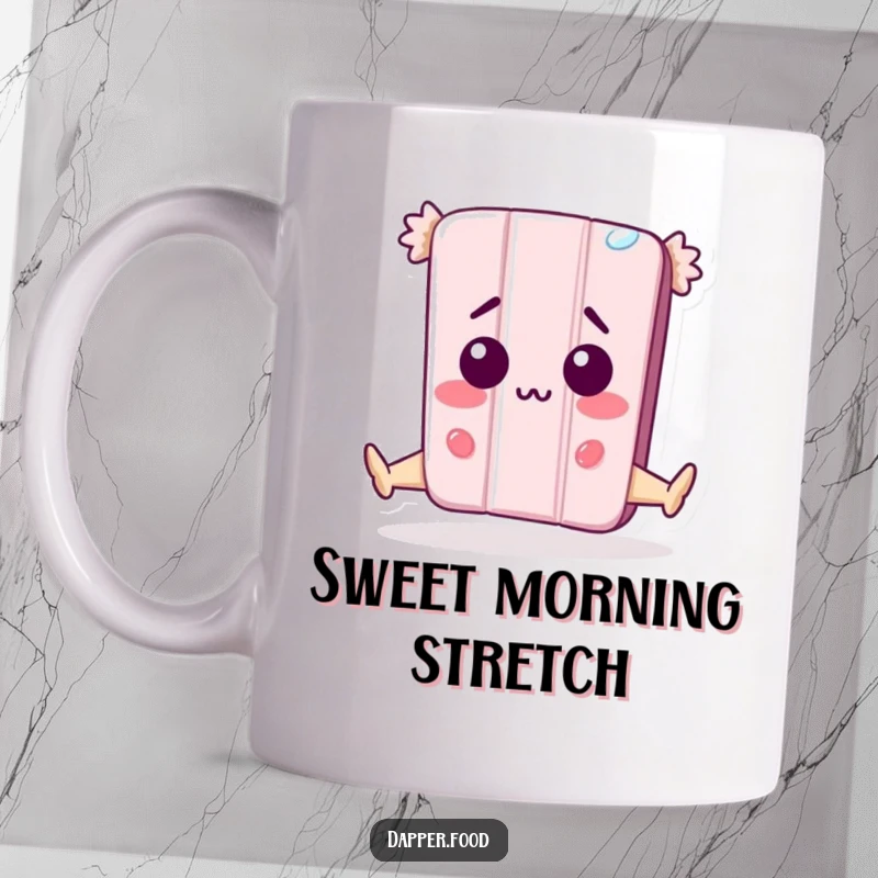 Funny Mug: A happy anthropomorphic candy bar character attempts a surprise split, legs splayed comically, a humorous design for confectionery fans.