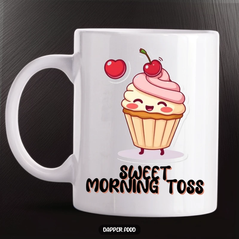 Funny mug showcasing a blushing cupcake character playfully tossing a bright red cherry high into the air with a joyful expression.