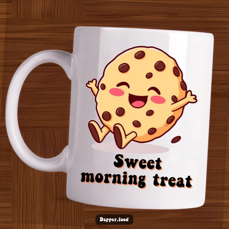 Funny mug featuring a giggling cookie character with chocolate chips rolling downhill with pure glee. A sweet and humorous gift.