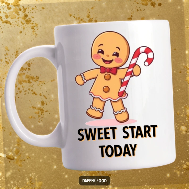 Funny Gingerbread Man Mug, smiling and doing a jig with a candy cane, embodying festive cheer and holiday spirit.