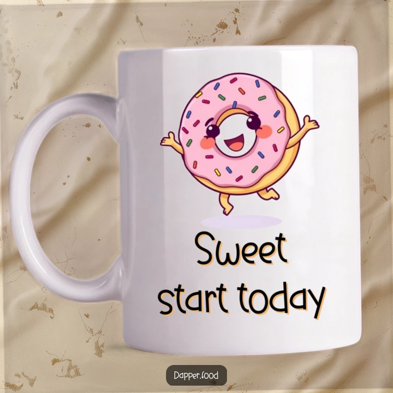 Funny Donut Mug, grinning with sprinkles, performing a cartwheel with glee, symbolizing sweet joy and dessert fun.