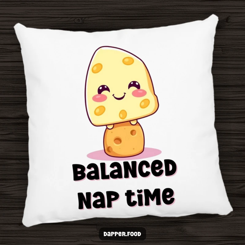 Funny Kawaii cheese character grinning on a cracker, featured on a soft and decorative pillow.