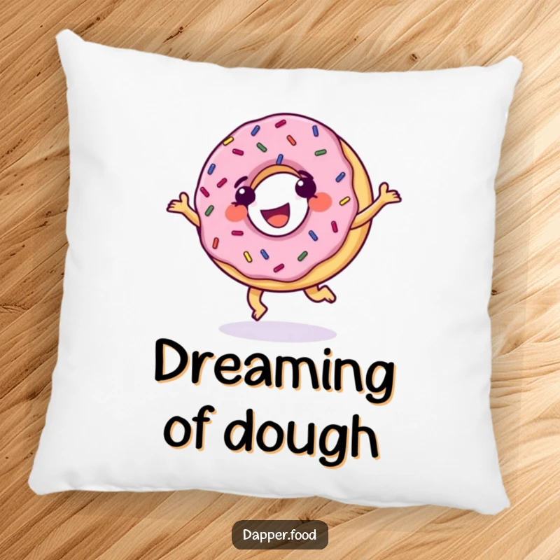 Funny Donut Pillow, grinning with sprinkles, doing a cartwheel with glee, offering cozy sweet comfort and humorous flair.
