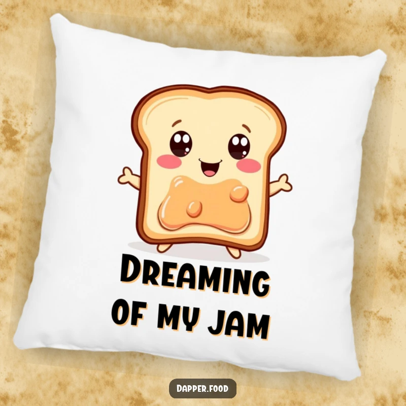 Funny Pillow: A delighted piece of toast with excited eyes jumps joyfully towards a jelly jar, a sweet breakfast dream.