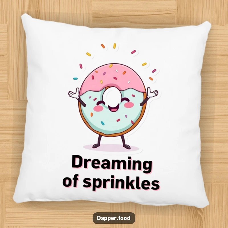 Funny donut pillow featuring a cheerful donut character juggling sprinkles, designed for comfort and smiles.