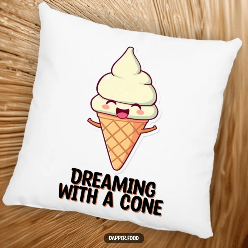 Funny Ice Cream Pillow: A joyous ice cream cone character tilted as if singing, offering comfort and humor.