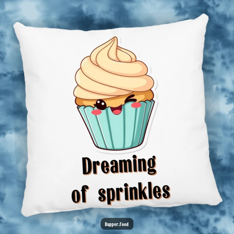 Funny pillow featuring a cheeky cupcake with tilted frosting, winking, providing cozy comfort and sweet sass.