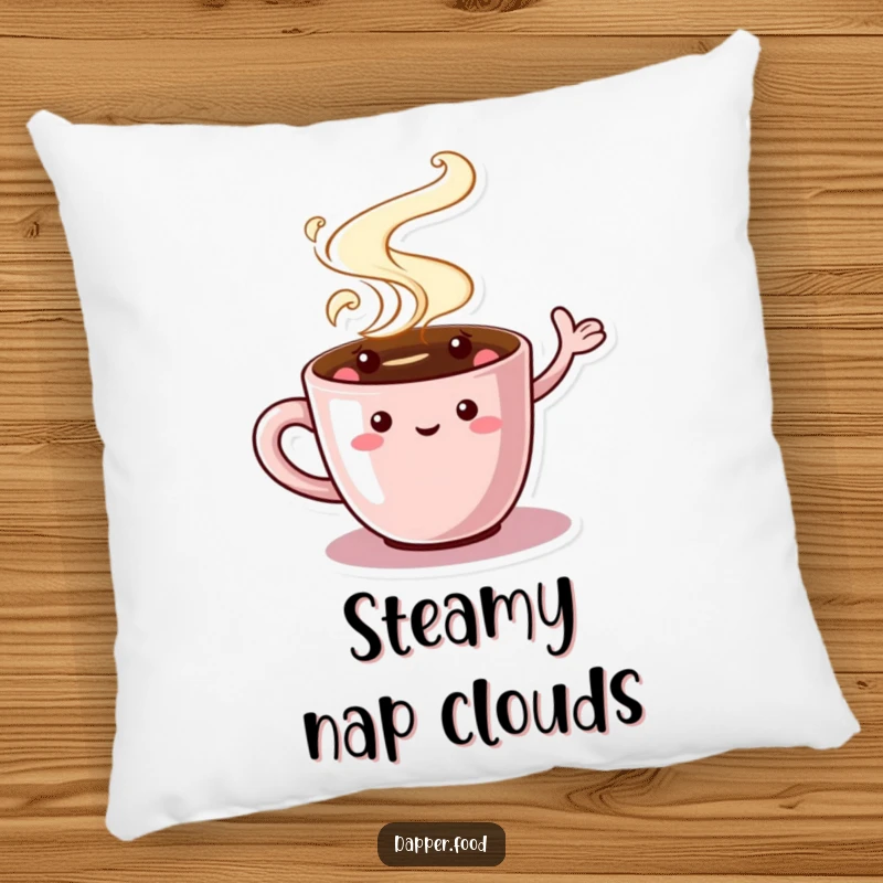 Funny Coffee Cup Pillow featuring a charming character with swirling steam, waving, offering soft comfort and a dose of morning cheer.