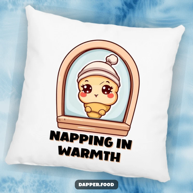 Funny pillow with a curious croissant character with eyes and a tiny hat, peeking from a bakery window, for cozy comfort.