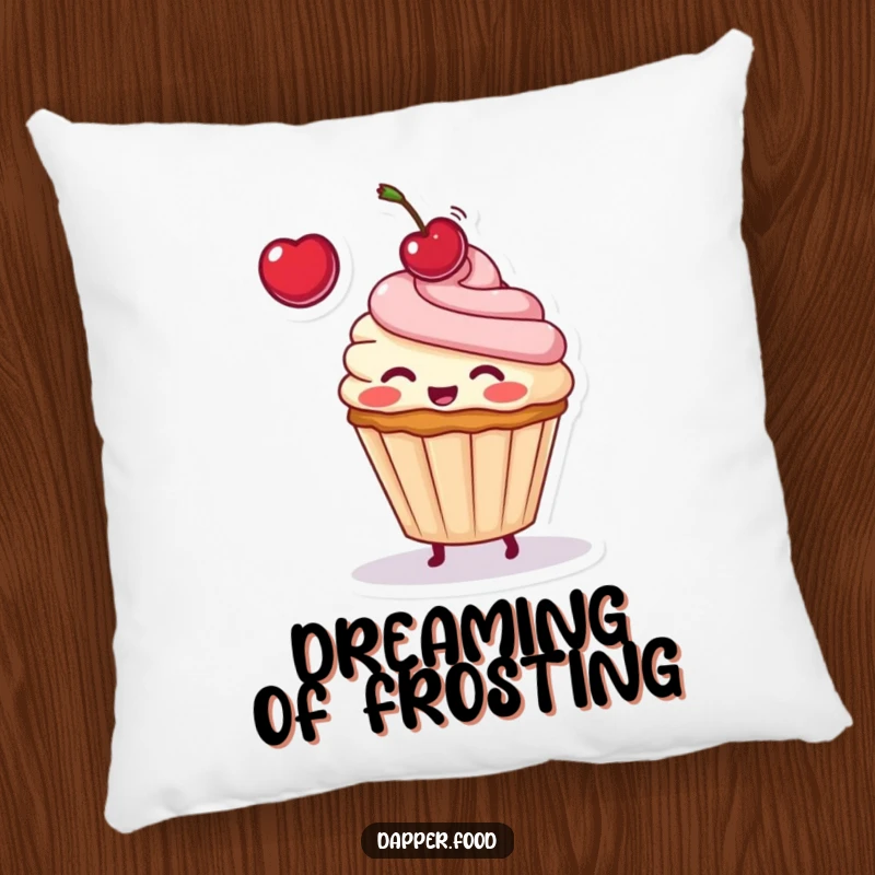 Funny pillow design featuring a blushing cupcake character in mid-air toss with a cherry, looking utterly delighted.