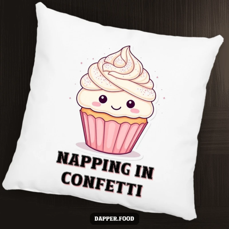 Funny cupcake pillow with a happy character showering in confetti, perfect for adding a touch of joyful and festive decor.