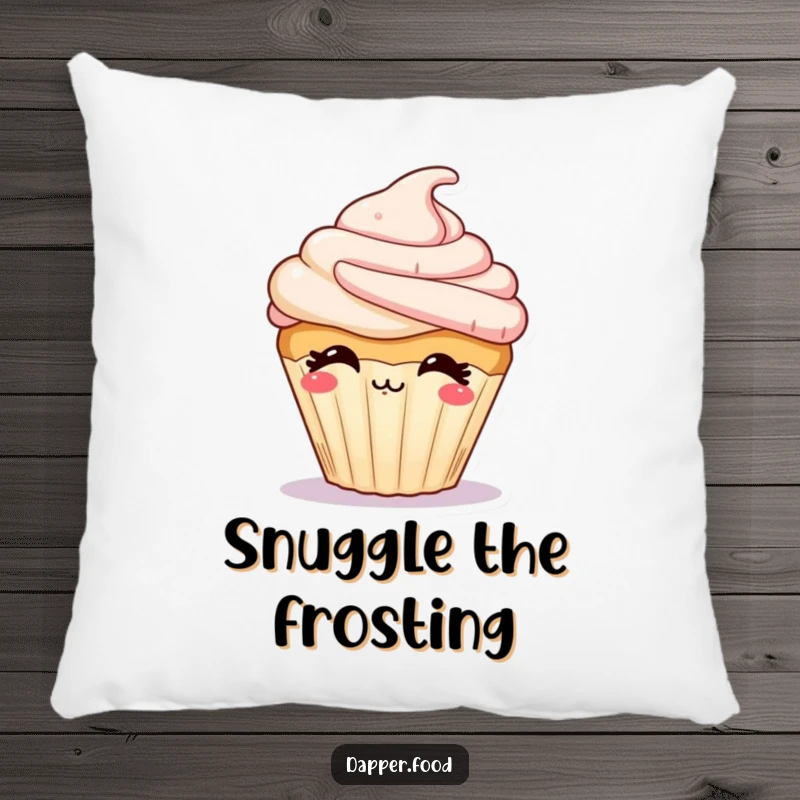 Funny pillow featuring a giggling cupcake character with frosting blowing a kiss, offering comfort and sweet charm.