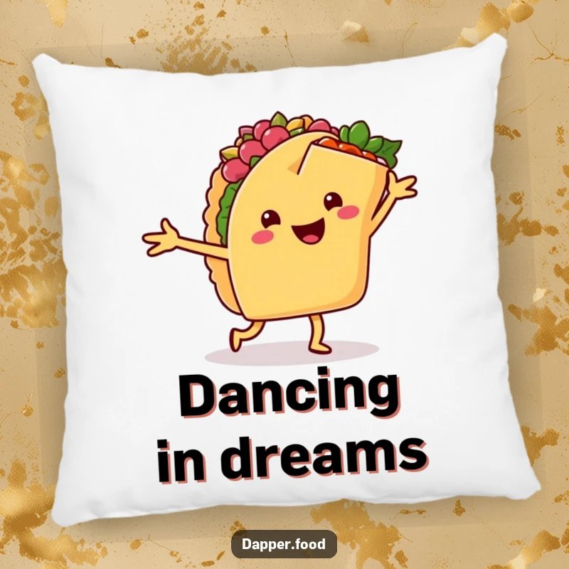 Funny pillow with a happy taco dancing salsa with a cheerful burrito, providing cozy and humorous fiesta-themed decor.