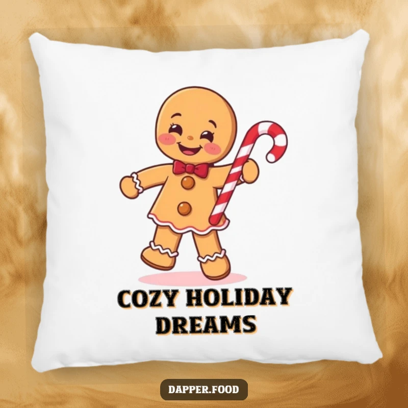 Funny Gingerbread Man Pillow, smiling and jigging with a candy cane, offering cozy holiday comfort and humorous cheer.