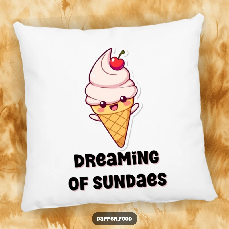 Funny pillow featuring a happy ice cream cone character with a cherry topping sliding, offering soft and sweet comfort.